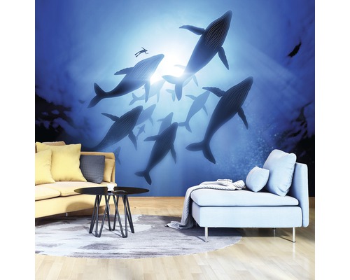 Wohnraum mit Fototapete mit Unterwassermotiv mit Walen