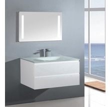 Modernes Badezimmer mit einem weißen Waschtischunterschrank mit zwei Schubladen, einem Glaswaschbecken und einem beleuchteten Spiegel.