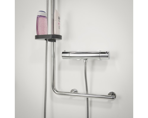 Duschstange mit Ablage und Thermostatarmatur im Badezimmer