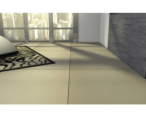 Heller Raum mit Bodenfliesen, Fensterfront und Steinwand