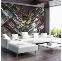Wohnzimmer mit Fototapete eines Wohnhauses