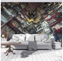 Wohnzimmer mit Fototapete mit Häuseransicht