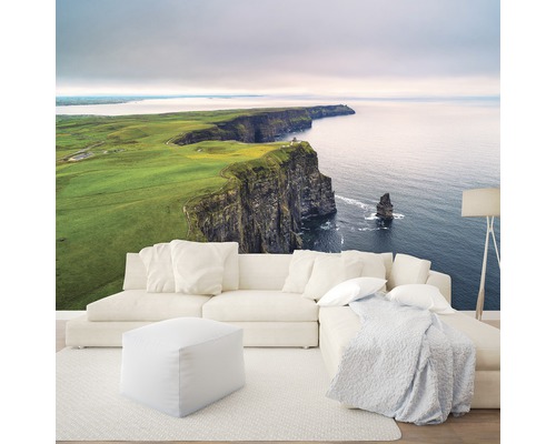 Wandbild mit irischer Küstenlandschaft in einem Wohnzimmer mit Sofa