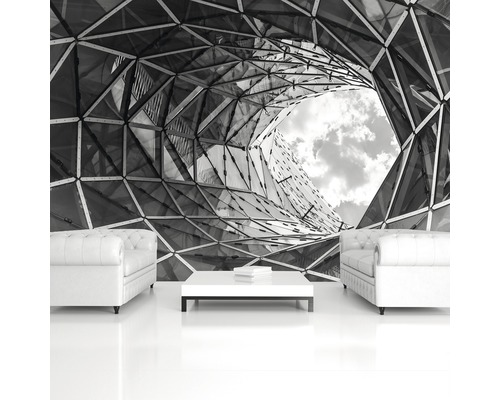 Fototapete mit geometrischem Muster in einem Wohnzimmer mit Möbeln