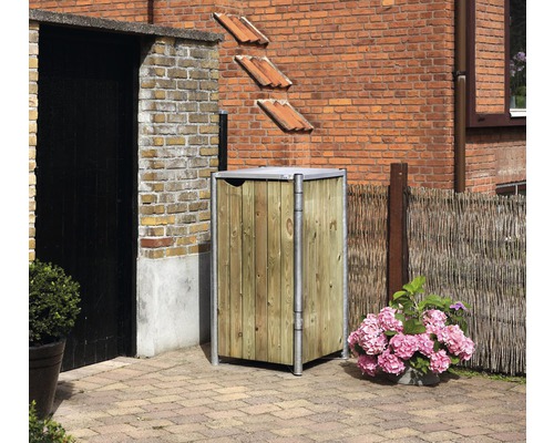 Mülltonnenbox aus Holz und Metall im Außenbereich