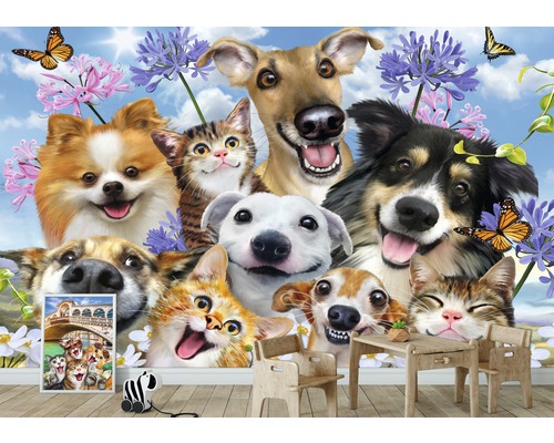 Fototapete mit Katzen- und Hundemotiv im Innenraum
