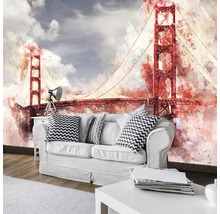 Wohnzimmer mit Fototapete der Golden Gate Bridge im Aquarellstil