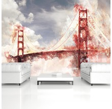 Tapete mit einer Aquarell-Darstellung der Golden Gate Brücke in einem Wohnzimmer