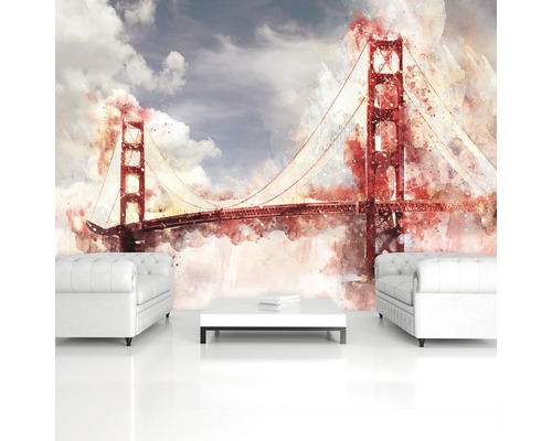 Tapete mit einer Aquarell-Darstellung der Golden Gate Brücke in einem Wohnzimmer