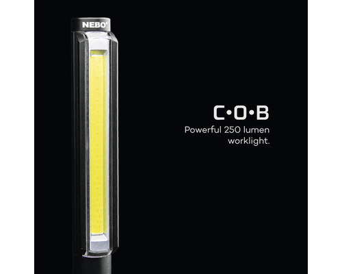 Nebo Logo. Arbeitsleuchte mit 250 Lumen.