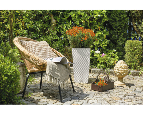 Garten Szene mit Korbsessel, Pflanzgefäß und Dekoration auf Steinboden