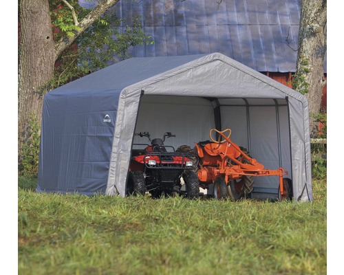 Gerätehaus ShelterLogic Shed-in-a-Box 370 x 370 cm grau Graue Gerätegarage mit landwirtschaftlichen Geräten