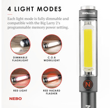 Big Larry 2 Arbeitsleuchte mit vier Lichtmodi: dimmbare Taschenlampe, C.O.B Arbeitsleuchte, Rotlicht und roter Warnblinker.