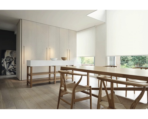 Heller Raum mit Esstisch, Stühlen, Schrankwand und Rollos vor den Fenstern