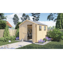 Gartenszene mit offenem Gartenhaus aus Holz mit Fahrrad