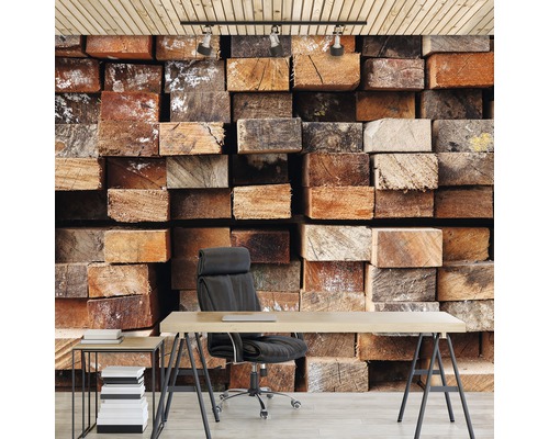 Büro mit Fototapete in Holzoptik, Schreibtisch und Bürostuhl