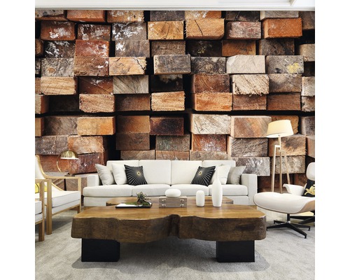 Wohnzimmer mit Fototapete in Holzblock Optik