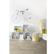 Dekoratives Zimmer mit Fahrrad an der Wand, Holzkisten und Laminatboden.