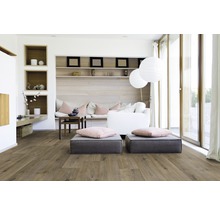 Heller Wohnraum mit Holzboden, Sofa, Kissen und Dekoration