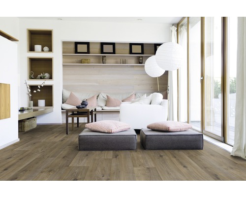 Heller Wohnraum mit Holzboden, Sofa, Kissen und Dekoration
