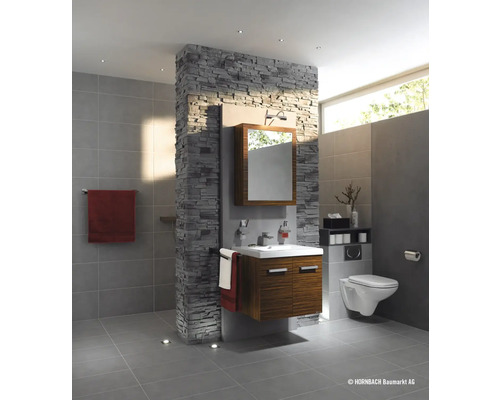 Badezimmer mit Waschtisch, Spiegel, Toilette und Wandverkleidung in Steinoptik