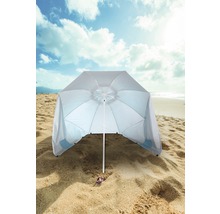 Strandmuschel auf Sandstrand mit Meer und Himmel im Hintergrund