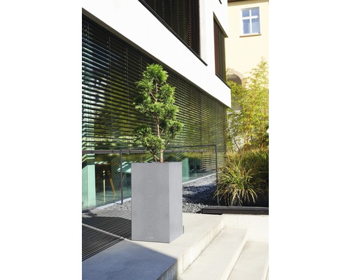 Grauer Pflanzkübel mit Pflanze auf einer Außentreppe vor einem Gebäude.