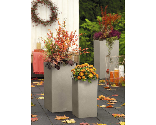 Blumenarrangement in zwei grauen Pflanzkübeln auf einer Terrasse mit Herbstlaub