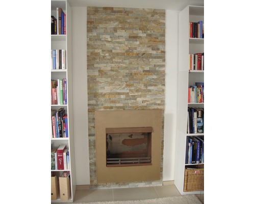 Wohnzimmer mit Kamin und Bücherregalen