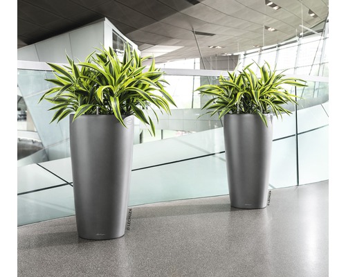 Zwei hohe Pflanzgefäße mit Pflanzen im Innenbereich.