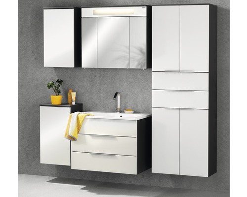 Badezimmer mit Waschbeckenunterschrank, Spiegelschrank, Hängeschrank und Hochschrank