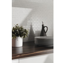 Szene mit Mosaikfliesen im Backsteindesign, Arbeitsplatte, Geschirr und Dekoration