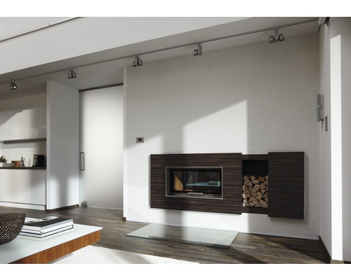 Modernes Wohnzimmer mit Kamin, Holzregal und Schiebetür