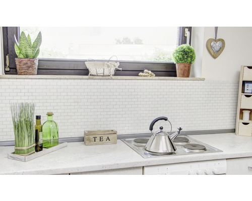 Küchenszene mit Fliesen, Kochfeld und Dekoration