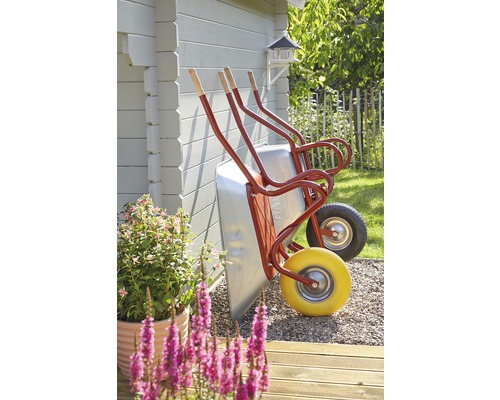 Zwei Schubkarren aus Metall mit Holzgriffen lehnen an einer Gartenhütte.