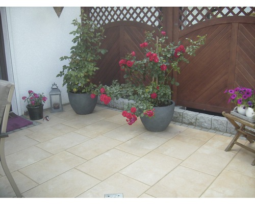 Terrasse mit Pflastersteinen, Rosen in Töpfen und Holzzaun