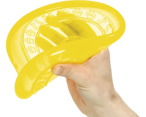 Gelbe Hundefrisbee mit Knochen und Pfotenabdruck Muster