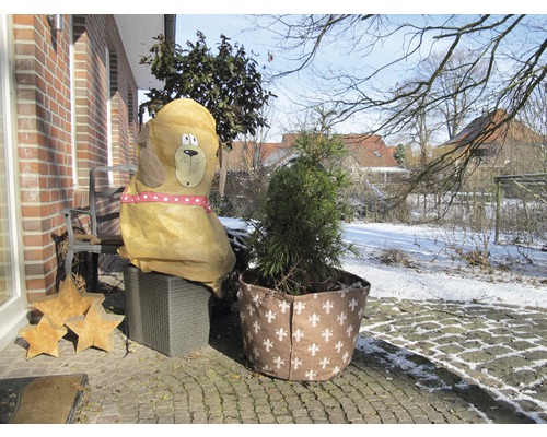 Winterlandschaft mit Pflanzenschutzhülle in Hundeform und Pflanztopfschutz