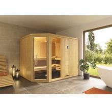 Ecksauna aus Holz mit Glastür in einem Badezimmer
