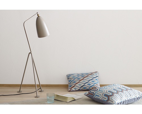 Szene mit Stehlampe, zwei Kissen, Buch und Glas Wasser auf dem Boden