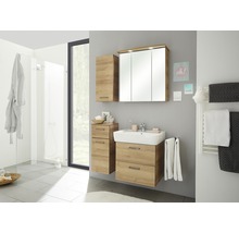 Badezimmer mit Waschtisch, Spiegelschrank, Hochschrank und Dusche