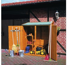 Gartenschrank aus Holz mit Gartengeräten