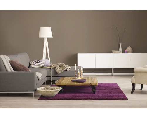 Wohnzimmer mit Sofa, Couchtisch, Teppich und Stehlampe