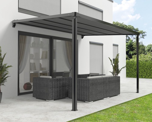 Pergola mit Stoffdach 3,94x2,94 Stoff uni anthrazit Gestell RAL 9011 graphitschwarz inkl.Motor,Fernbedienung und LED Beleuchtung (Wandbefestigung)