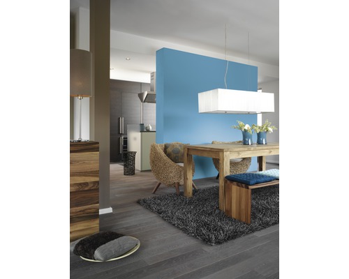 Helles Wohnzimmer mit Esstisch, Stühlen, Teppich und Dekoration