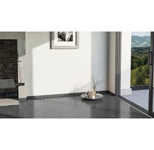 Innenraum mit dunklem Boden, weißer Wand und Bild