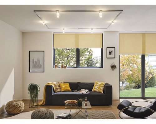 Wohnzimmer mit Sofa, Rollos und rechteckiger Deckenleuchte