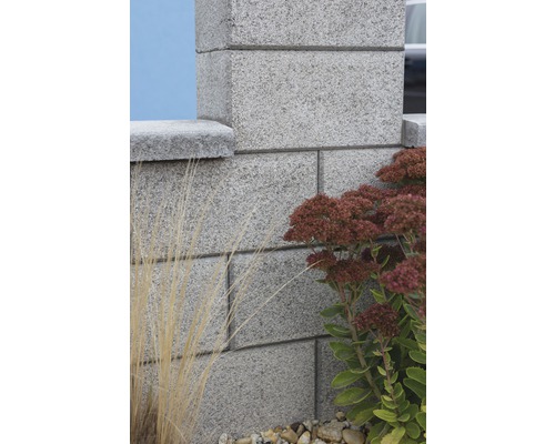 Detailansicht einer grauen Gartenmauer aus Betonsteinen mit Pflanzen