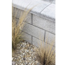 Gartenmauer aus Betonsteinen mit Ziergras und Kies