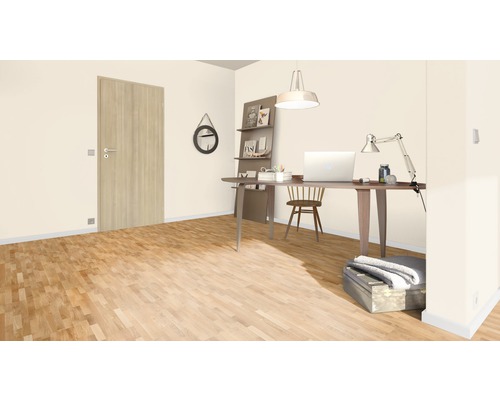 Innenraum mit Holzboden, Tür, Schreibtisch und Regalen